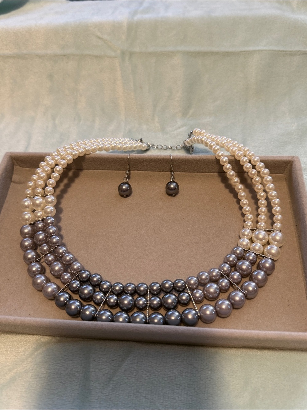 Two-Tone Pearl Multi-Strand Necklace with Matching Earrings - Cream & Gray